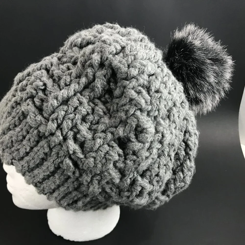 Grey, Blend, handknit beanie with Pom
